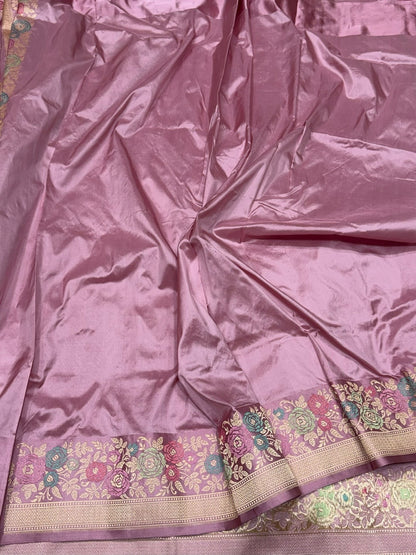 Lilac Handwoven Pure Banarasi Katan Silk Saree with Intricate Skirt Design &amp; Kadiyal Border – Kadwa Weave