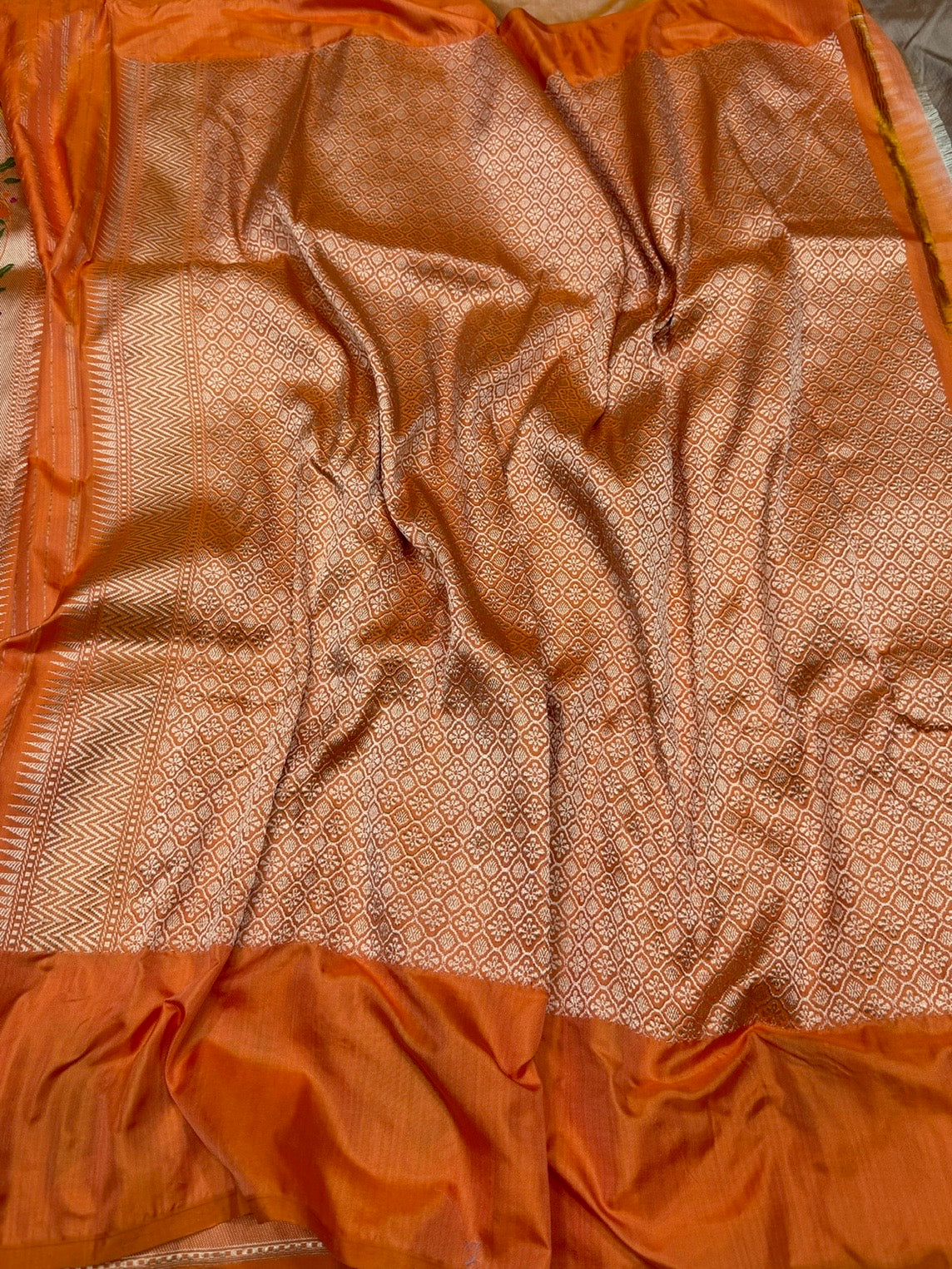 Chiku &amp; Orange Handwoven Pure Banarasi Ektara Silk Saree