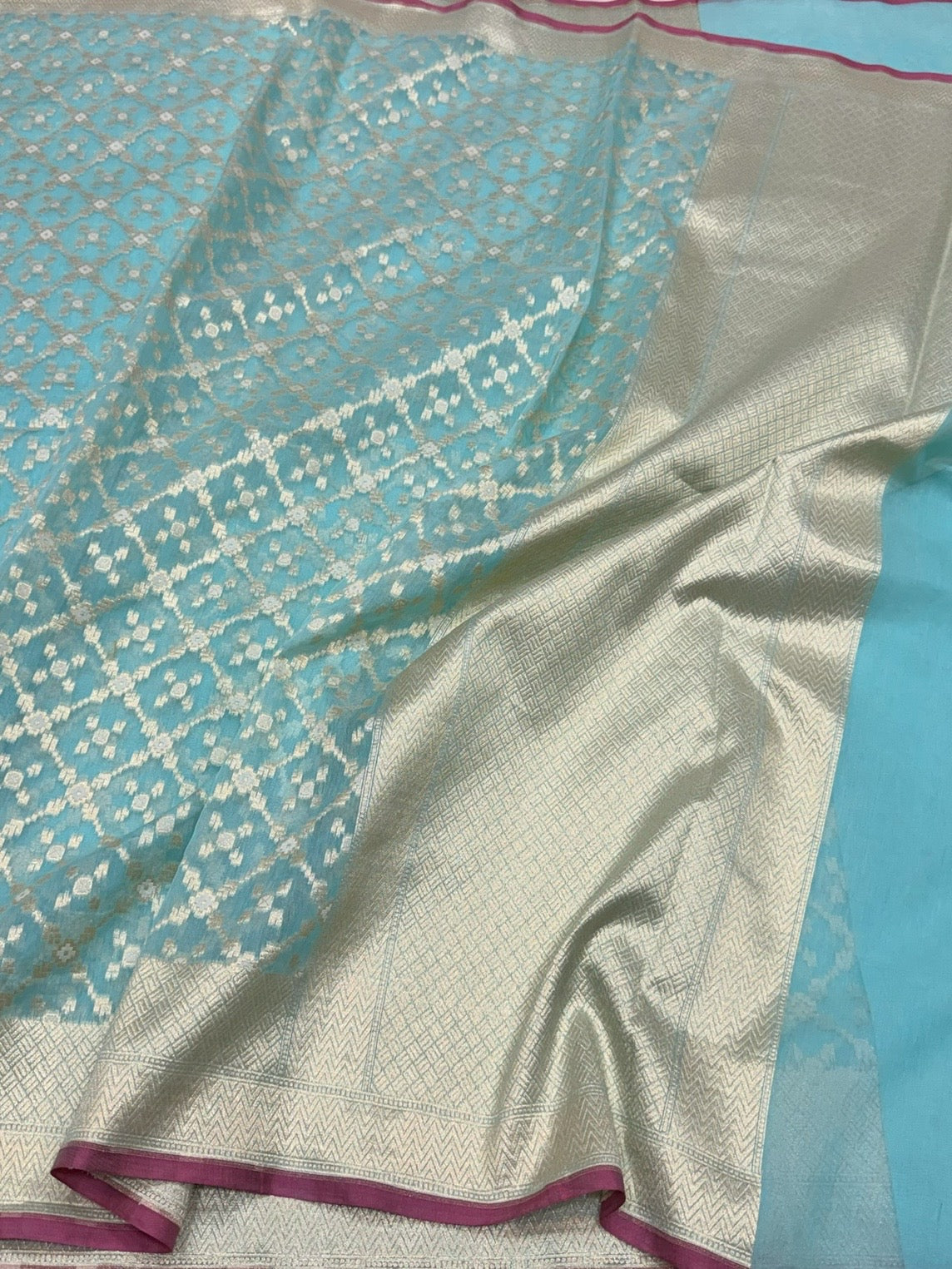 Sea Blue Banarasi Pure Kora Cotton Saree