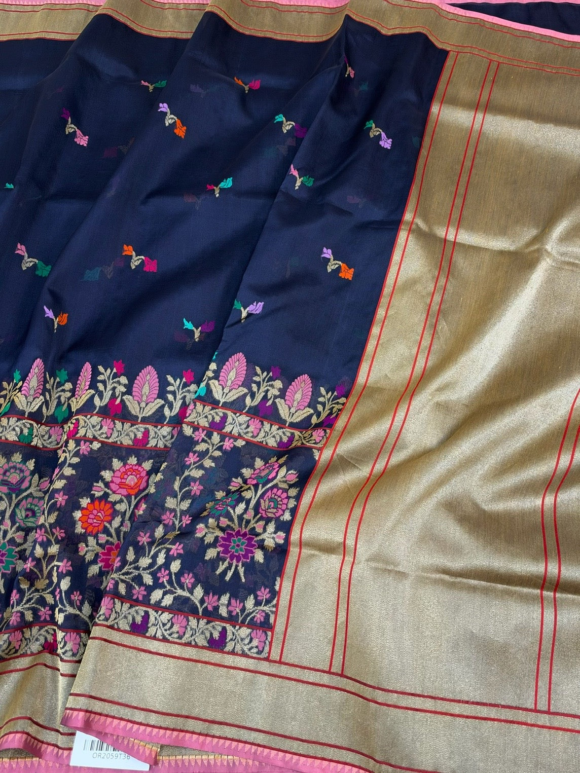 Navy Blue Handwoven Pure Banarasi Kora Jamdani Silk Saree