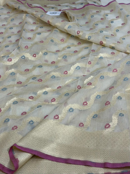White Pure Banarasi Kora Cotton Saree
