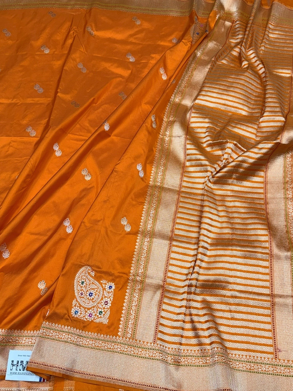 Orange Handwoven Pure Banarasi Silk Saree in Kadwa Weave | Authentic Katan Mulberry Silk