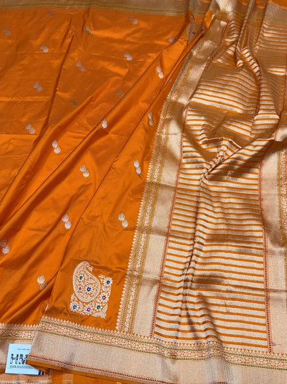 Orange Handwoven Pure Banarasi Silk Saree in Kadwa Weave | Authentic Katan Mulberry Silk