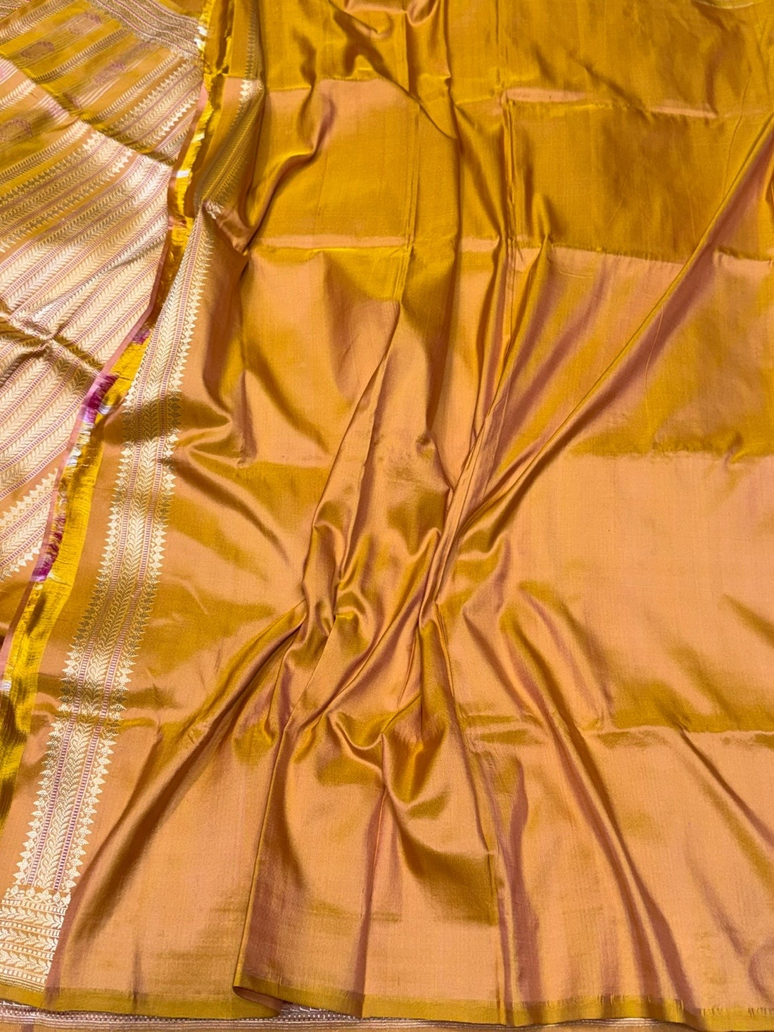 Mustard Yellow Handwoven Pure Banarasi Satin Silk Saree – Kadwa Weave &amp; Lustrous Satin Finish