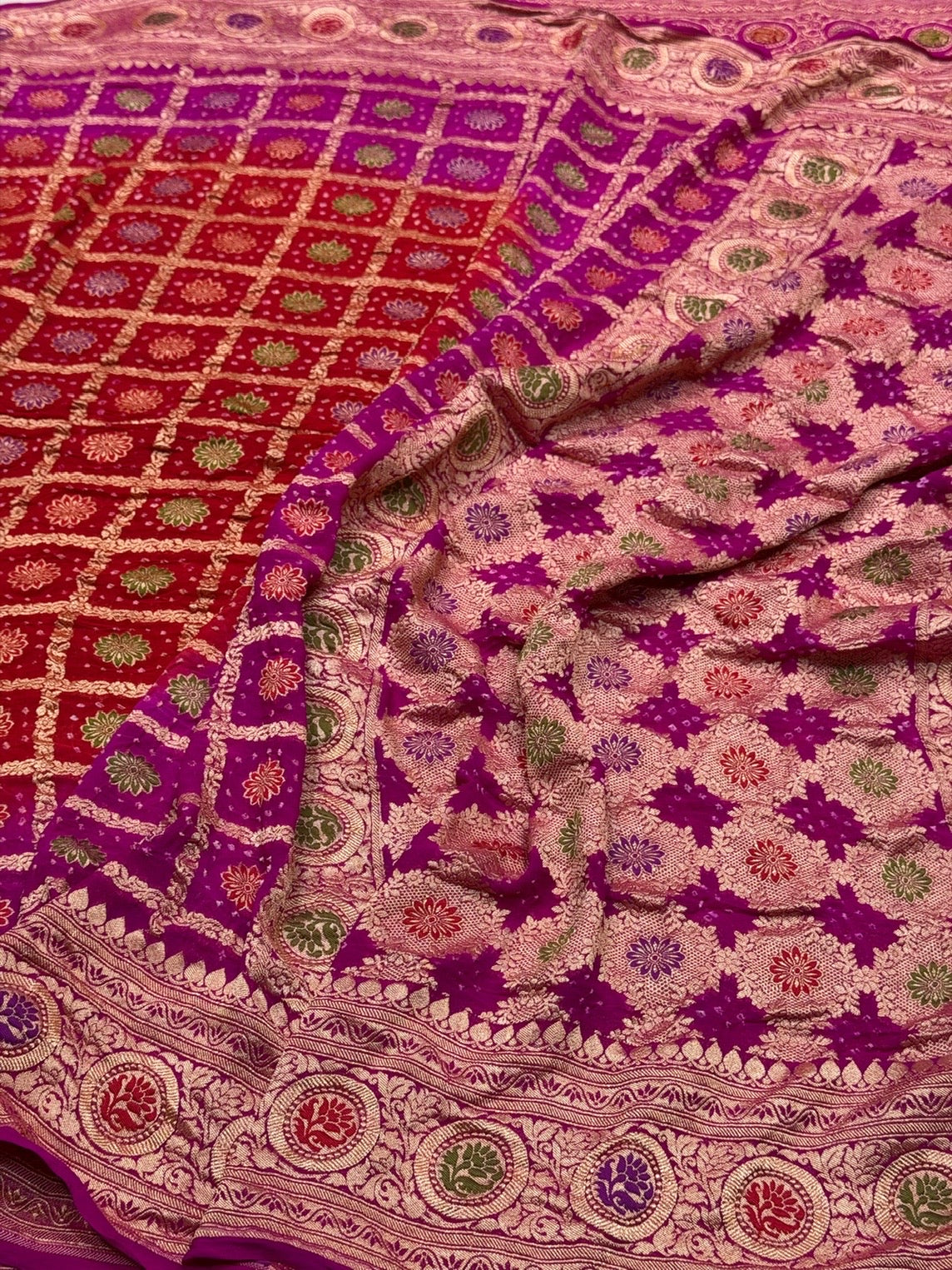 Rani Pink Banarasi Pure Bandhej Georgette Saree – Luxury Cutwork Brocade Wedding &amp; Festive Saree