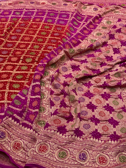 Rani Pink Banarasi Pure Bandhej Georgette Saree – Luxury Cutwork Brocade Wedding &amp; Festive Saree