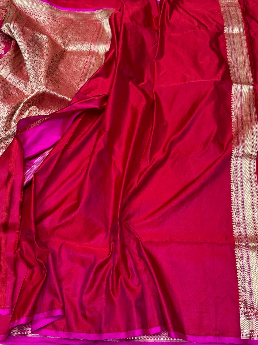 Ruby Red Handwoven Pure Banarasi Satin Tanchoi Silk Saree – Kadwa Weave | Authentic Banaras Handloom