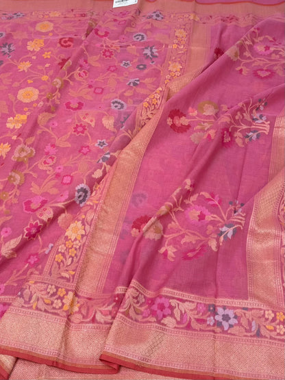 Rani Pink Pure Muslin Cotton Jamdani Saree