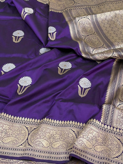 Purple Handwoven Pure Katan Silk Banarasi Saree