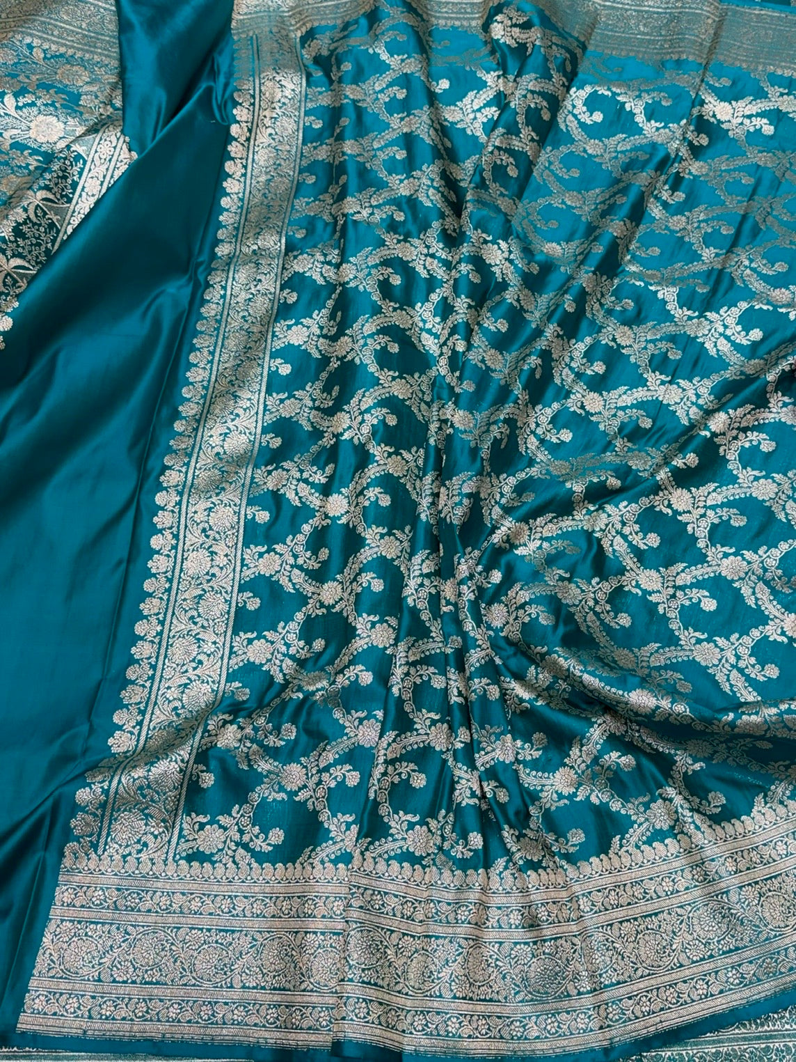 Turquoise Blue Handwoven Vintage Pure Banarasi Satin Silk Saree
