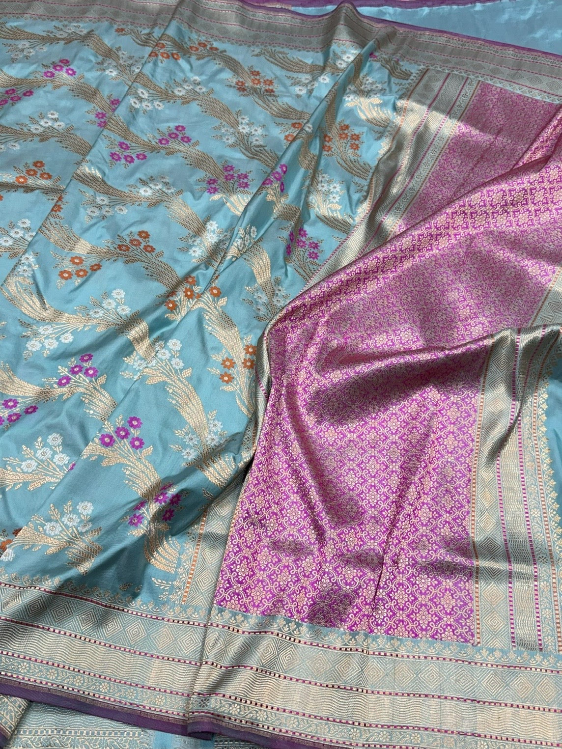 Sky Blue Handwoven Pure Banarasi Silk Saree