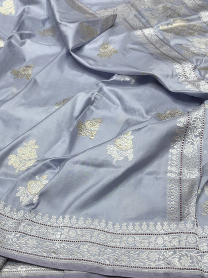 Cool Grey Handwoven Ektara Pure Banarasi Silk Saree