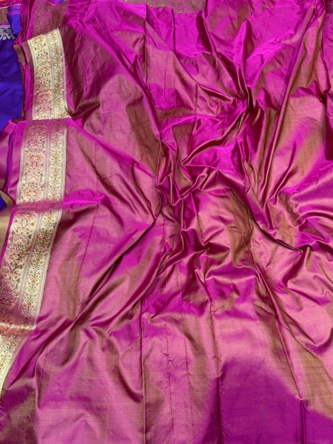 Rani Pink  Handwoven Pure Banarasi Satin Tanchoi Silk Saree