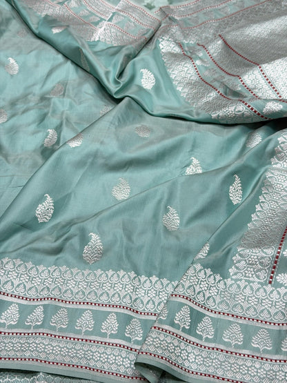 Sage Green Handwoven Pure Banarasi Ektara Silk Saree – Kadwa Weave, Pure Mulberry Silk