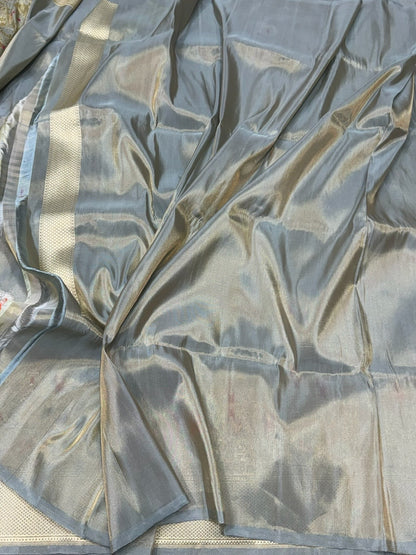 Ash Grey Handwoven Pure Banarasi Tissue Saree