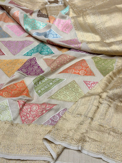 White Handwoven Banarasi Pure Tussar Georgette Saree