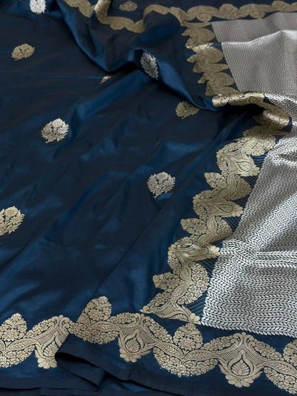 Navy Blue Handwoven Pure Banarasi Katan Silk Saree