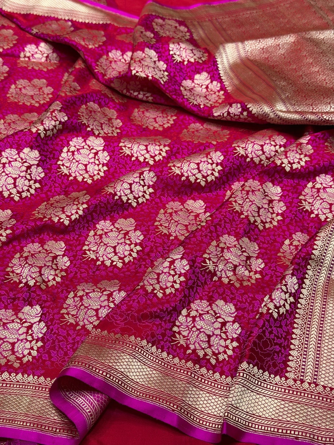 Ruby Red Handwoven Pure Banarasi Satin Tanchoi Silk Saree – Kadwa Weave | Authentic Banaras Handloom