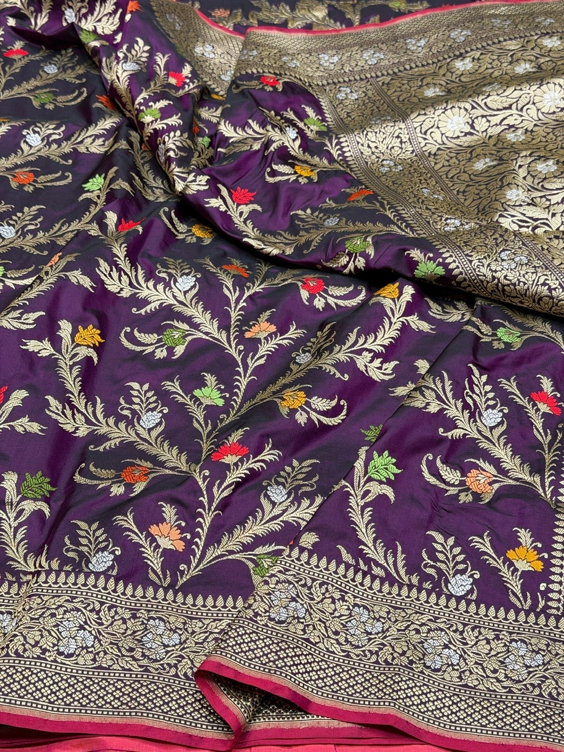 Magenta Handwoven Pure Banarasi Silk Saree – Kadwa Weave in 100% Katan Mulberry Silk