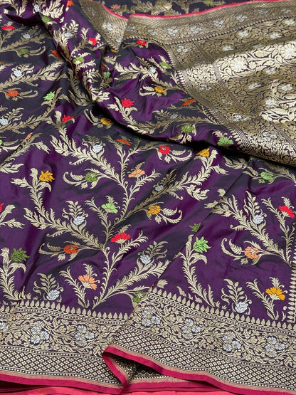 Magenta Handwoven Pure Banarasi Silk Saree – Kadwa Weave in 100% Katan Mulberry Silk