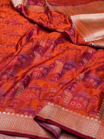 Orange Handwoven Pure Banarasi Satin Silk Saree – Kadwa Weave in 100% Satin Silk