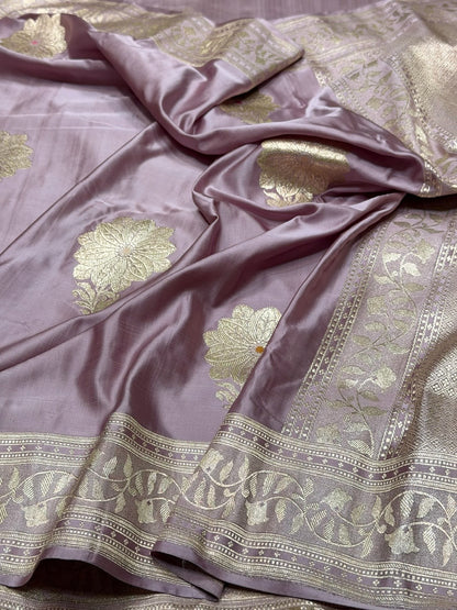 Lilac Handwoven Vintage Pure Banarasi Satin Silk Saree
