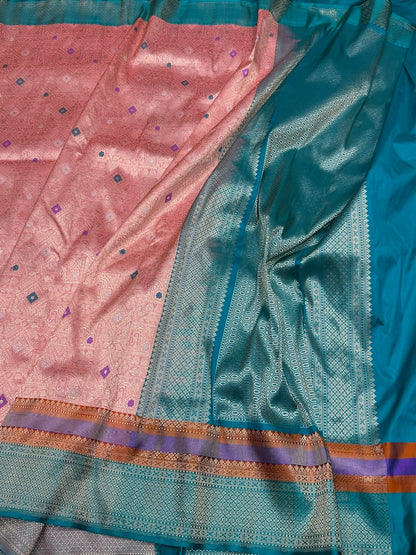 Peach Banarasi Silk Brocade Saree with Satin Border – Katan Silk Elegance