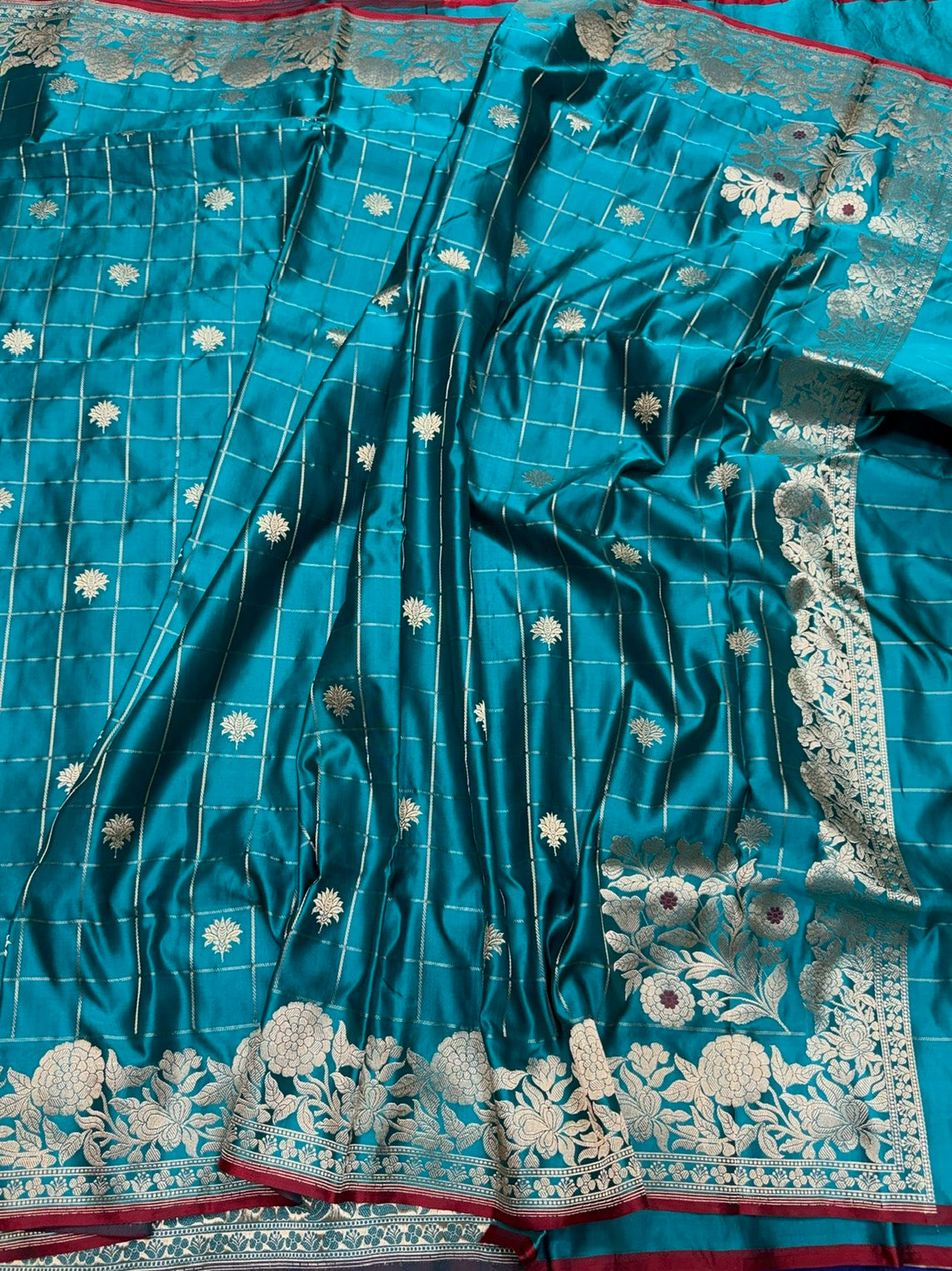 Teal Blue Handwoven Pure Banarasi Mashru Satin Silk Saree – Kadwa Weave | Pure Satin Silk | Luxury Check Pattern