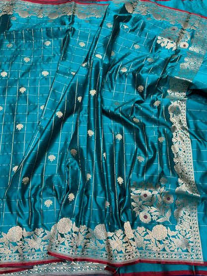 Teal Blue Handwoven Pure Banarasi Mashru Satin Silk Saree – Kadwa Weave | Pure Satin Silk | Luxury Check Pattern