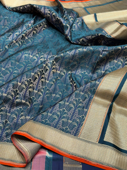German Blue Handwoven Pure Banarasi Satin Tanchoi Silk Saree – Luxurious Satin Silk with Kadwa Weave