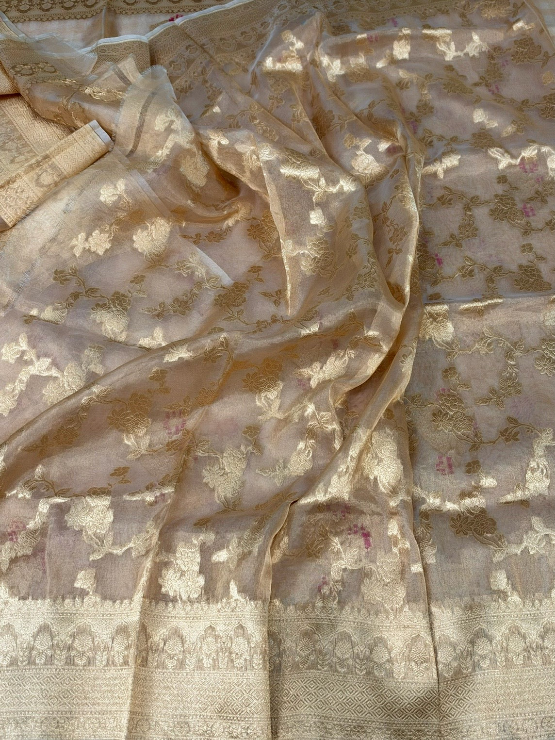 Champagne Gold Pure Banarasi Tissue Silk Saree Pure Kora Tissue