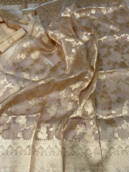 Champagne Gold Pure Banarasi Tissue Silk Saree Pure Kora Tissue