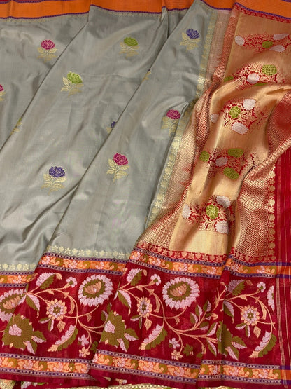 Grey Handwoven Pure Banarasi Ektara Silk Saree