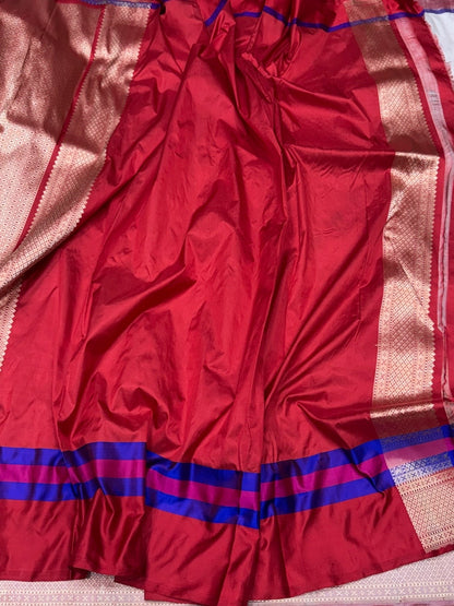 Ivory Pure Banarasi Silk Brocade Saree with Red Satin Border – Katan Silk Elegance