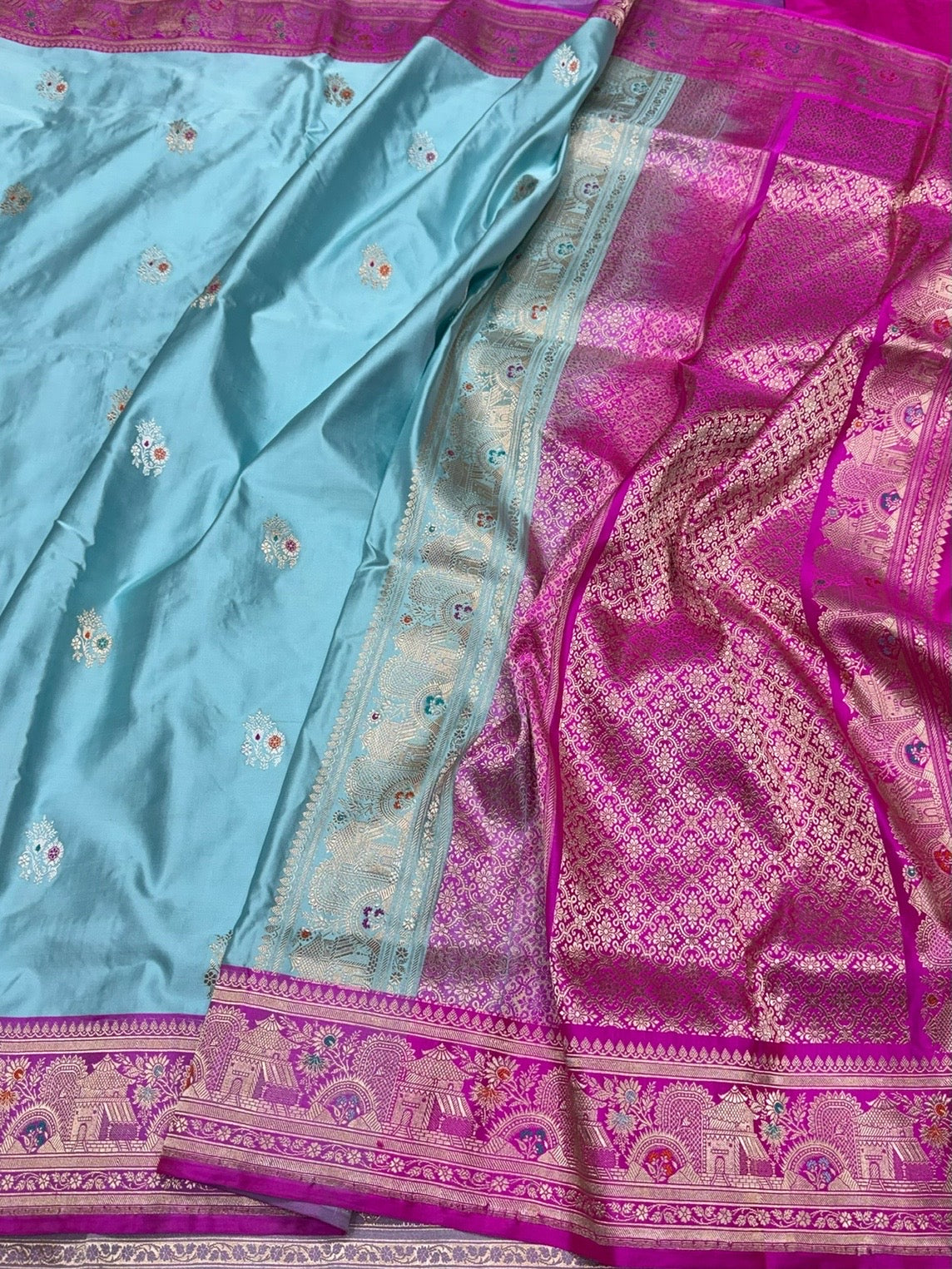 Sky Blue Handwoven Pure Banarasi Satin Silk Saree – Authentic Kadwa Weave