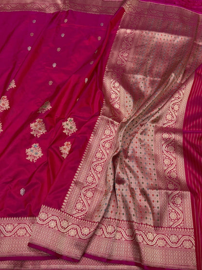 Rani Pink Handwoven Pure Banarasi Silk Saree – Kadwa Weave in 100% Katan Silk