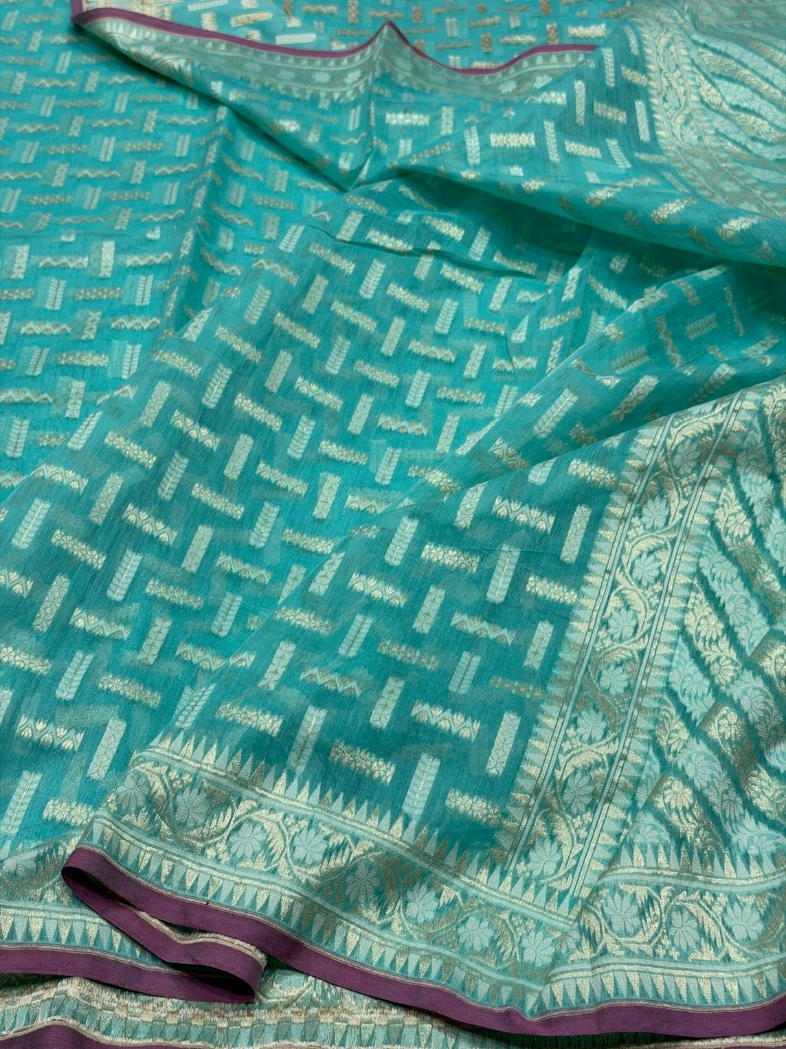 Sky Blue Banarasi Pure Kora Cotton Saree