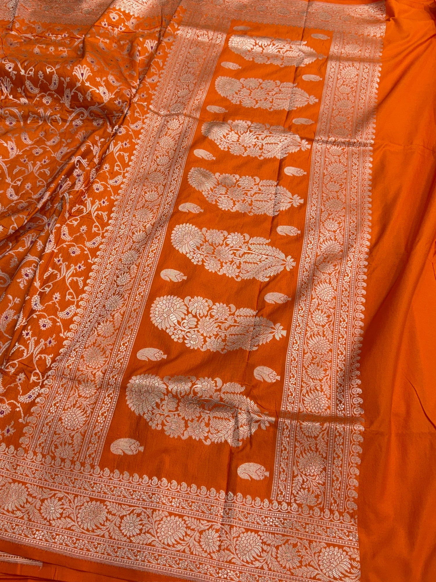 Orange Banarasi Minakari Pure Katan Silk Saree | Pure Silk | Minakari Work | Cutwork Technique | Banarasi Katan Silk Saree