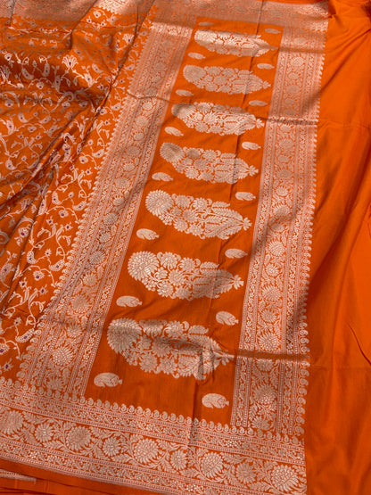 Orange Banarasi Minakari Pure Katan Silk Saree | Pure Silk | Minakari Work | Cutwork Technique | Banarasi Katan Silk Saree