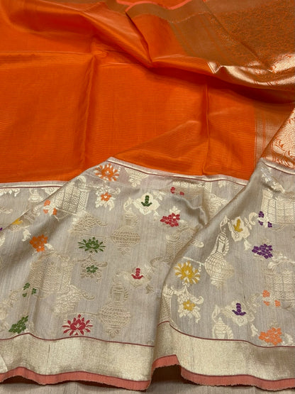 Orange Handwoven Pure Organza Tussar Border Saree