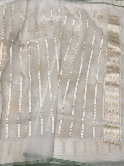 Ivory Handwoven Pure Banarasi Organza Silk Saree – Kadwa Weave with Meenakari Motifs