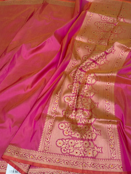 Orangish Pink Handwoven Pure Banarasi Katan Silk Saree