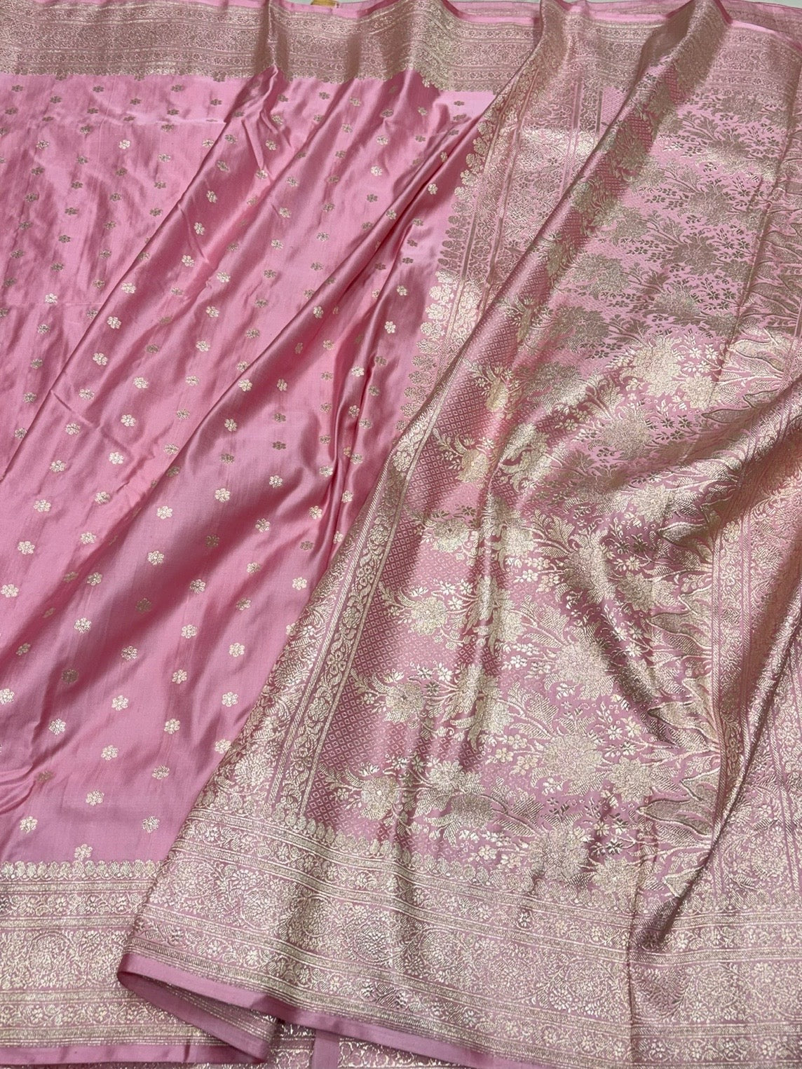 Baby Pink Vintage Banarasi Pure Satin Silk Brocade Saree – Luxury Cutwork Wedding &amp; Festive Saree