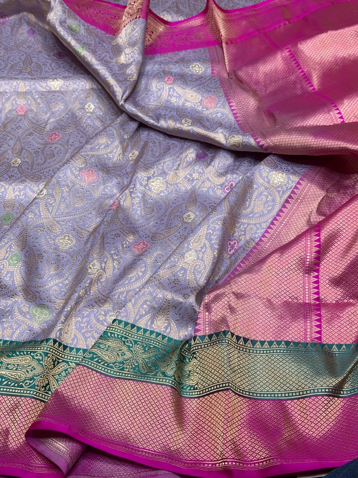 Lavender Handwoven Banarasi Pure Silk Brocade Saree with Red Satin Border – Luxurious Katan Silk