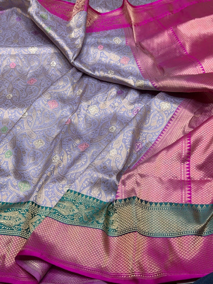 Lavender Handwoven Banarasi Pure Silk Brocade Saree with Red Satin Border – Luxurious Katan Silk