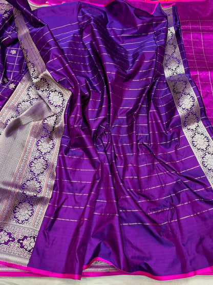 Purple Handwoven Pure Banarasi Satin Silk Saree – Kadwa Weave | 100% Pure Satin Silk | Authentic Banaras Handloom