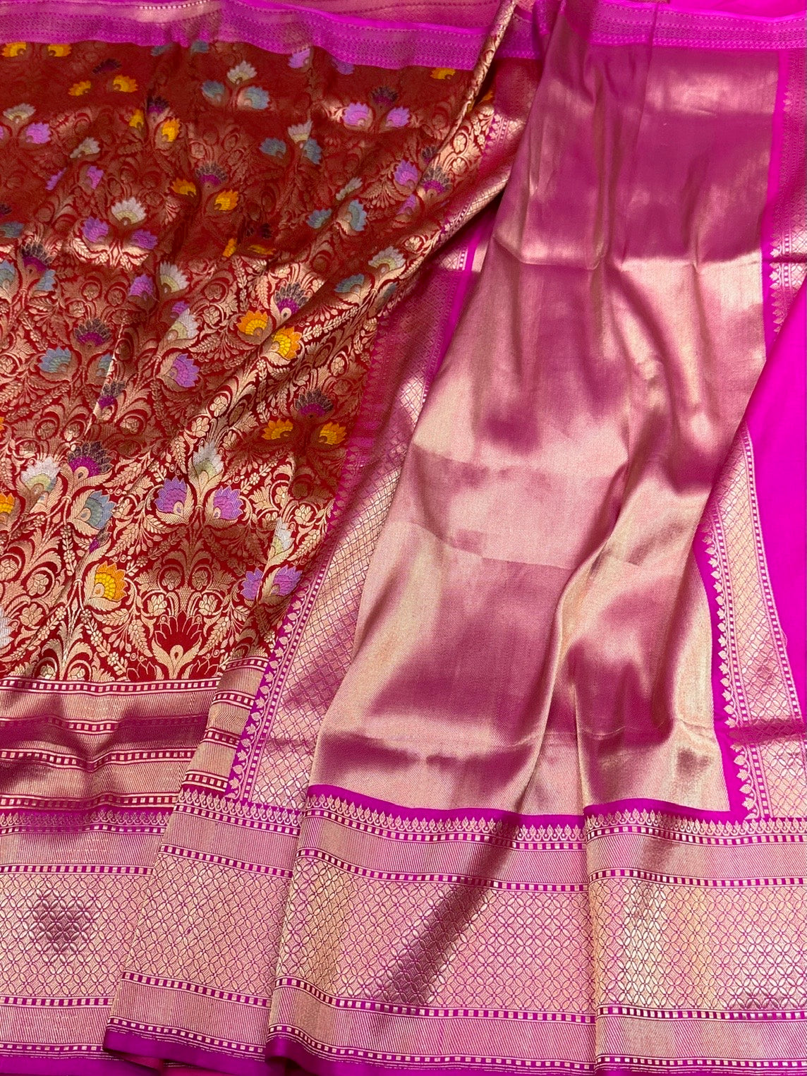 Red Banarasi Silk Brocade Saree with Rani Pink Satin Border – Katan Silk Elegance