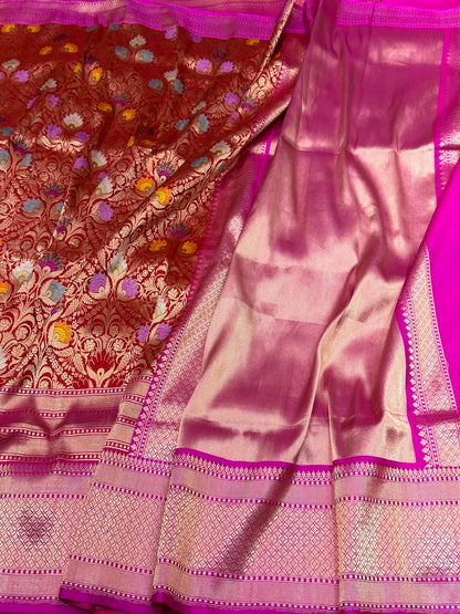 Red Banarasi Silk Brocade Saree with Rani Pink Satin Border – Katan Silk Elegance