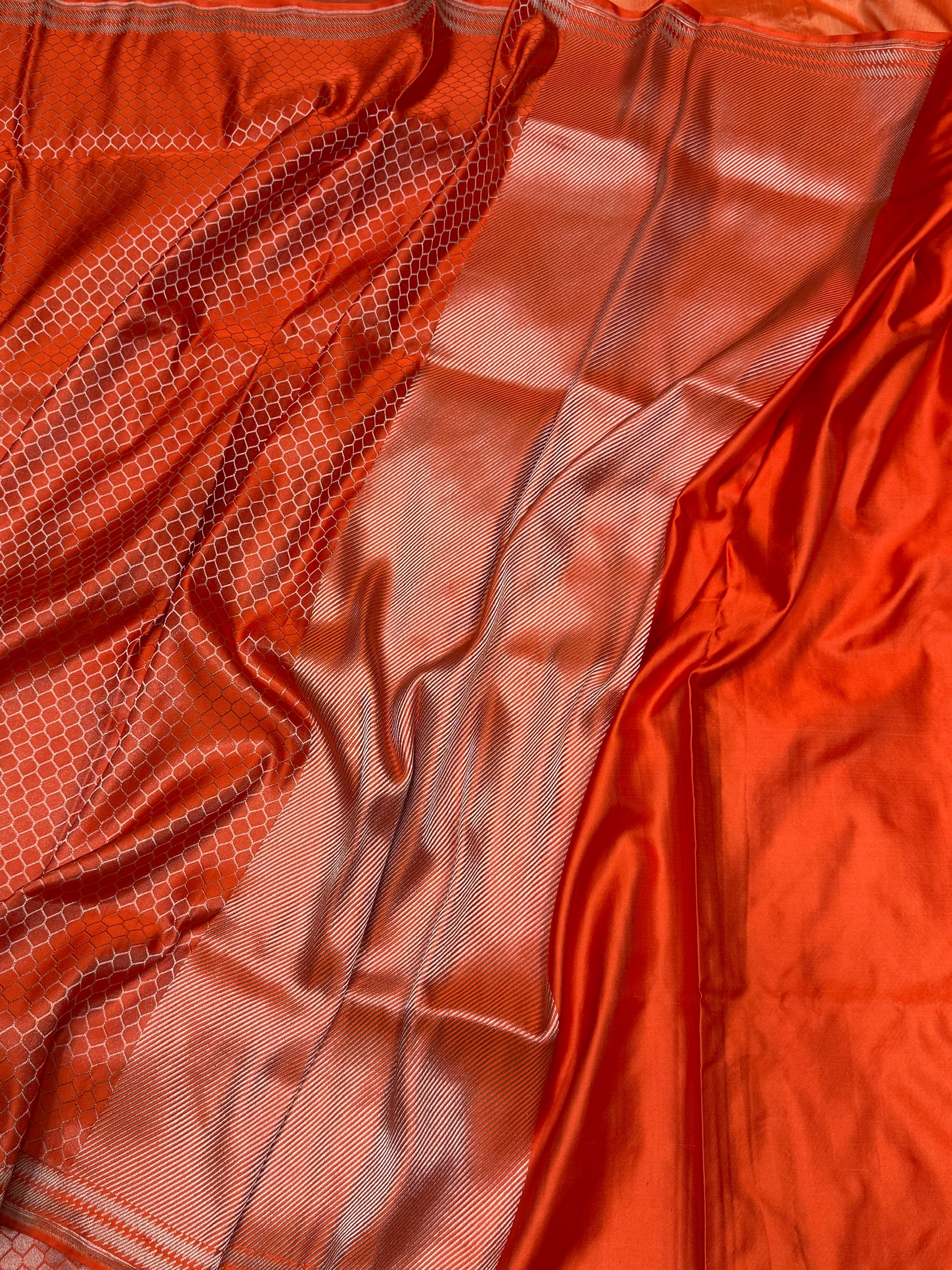 Orange Handwoven Pure Banarasi Satin Tanchoi Silk Saree