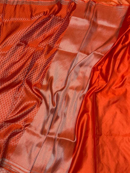 Orange Handwoven Pure Banarasi Satin Tanchoi Silk Saree
